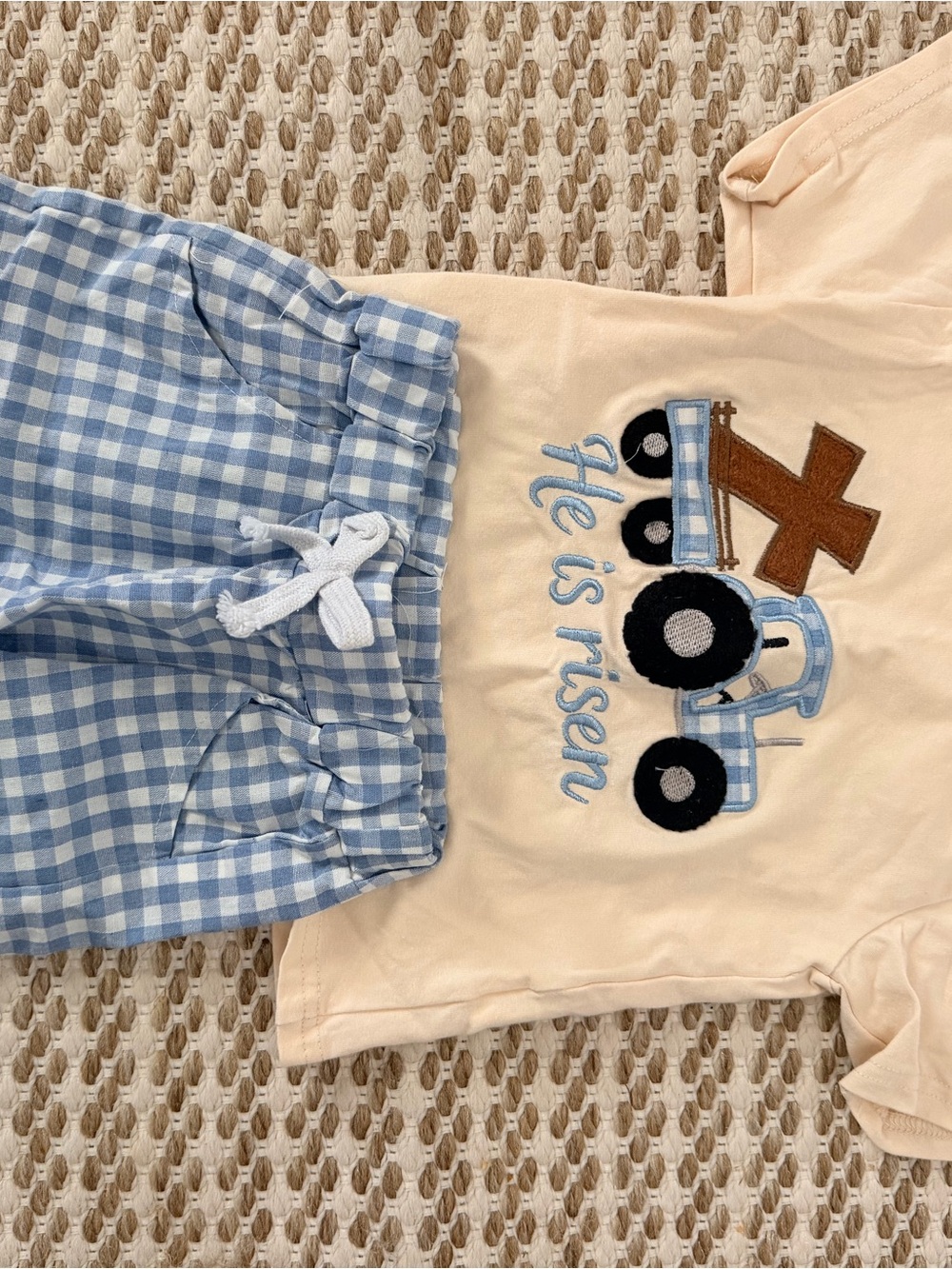 Amazon Peach Short-Sleeve Tee with Light Blue Gingham Shorts